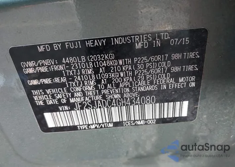 2016 Subaru Forester 2.5I Premium from USA, damaged, VIN JF2SJADC4GH434080